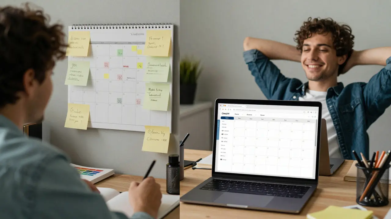 Cena dividida: mesa desorganizada à esquerda, calendário de conteúdo Instagram organizado à direita.