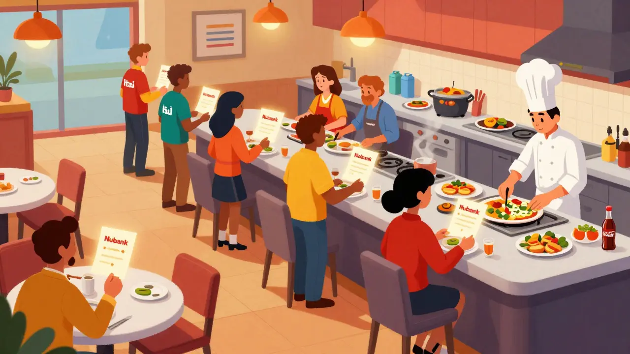 Clientes em restaurante virtual vestindo roupas de marcas como Nubank e Coca-Cola.