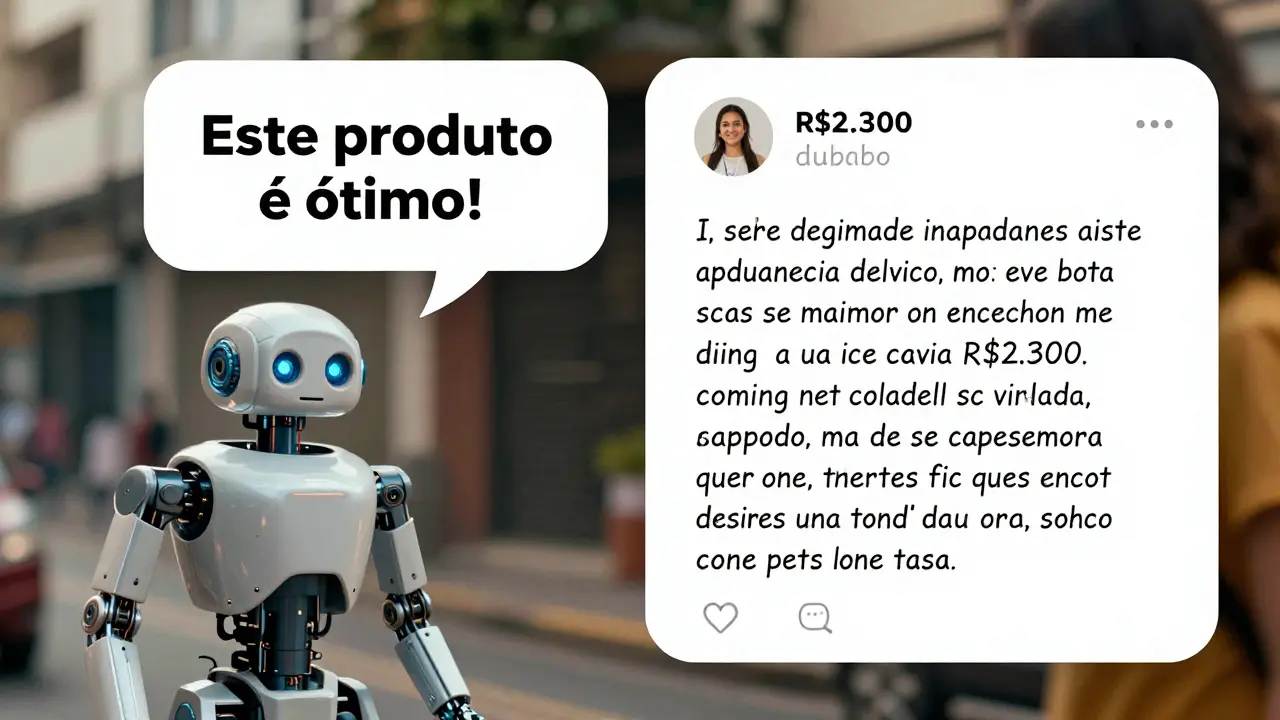 Comparação visual entre texto robótico genérico e uma postagem pessoal e autêntica no Instagram.