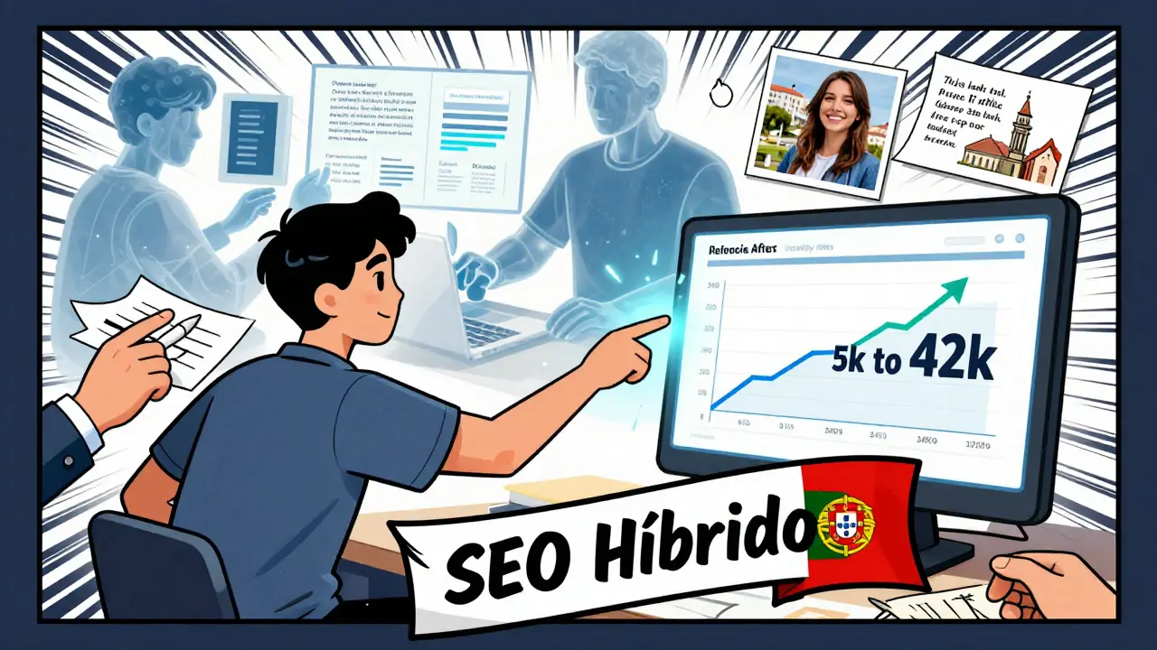 Empresário em Porto mostrando aumento de tráfego SEO com assistente de IA e toques humanos no fundo.