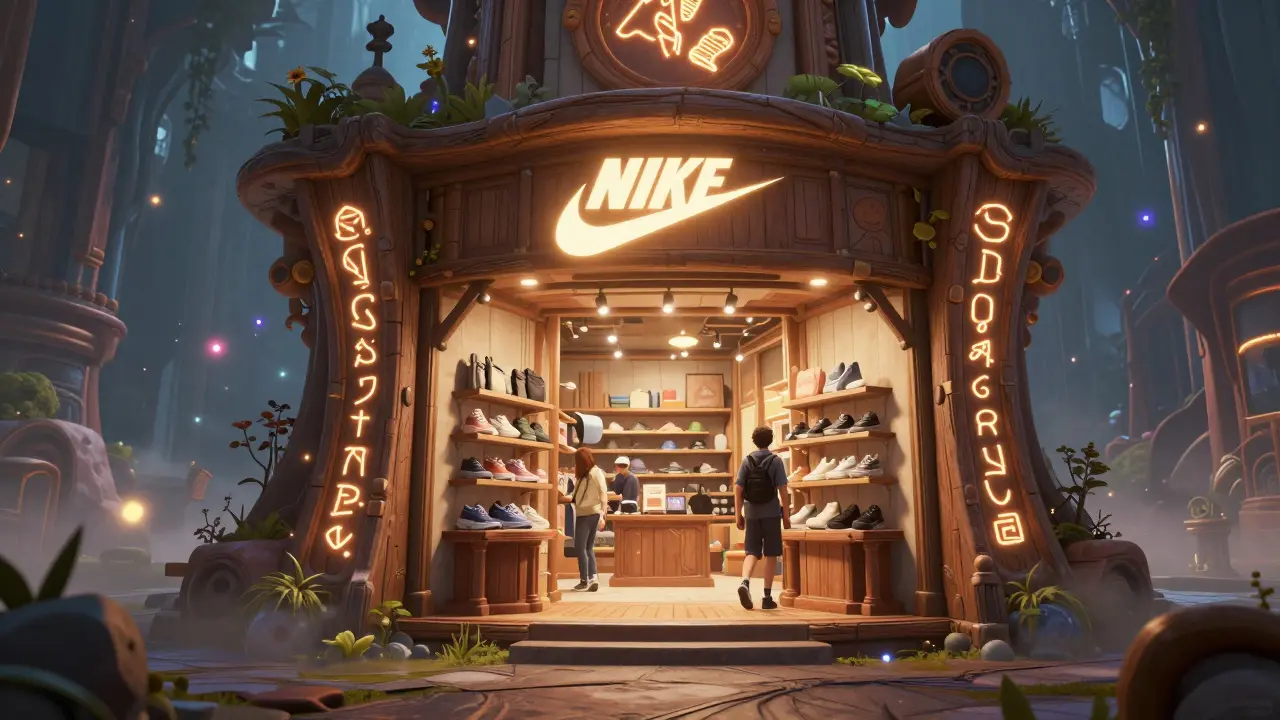 Loja da Nike em mundo de fantasia, integrada ao design mágico do jogo.