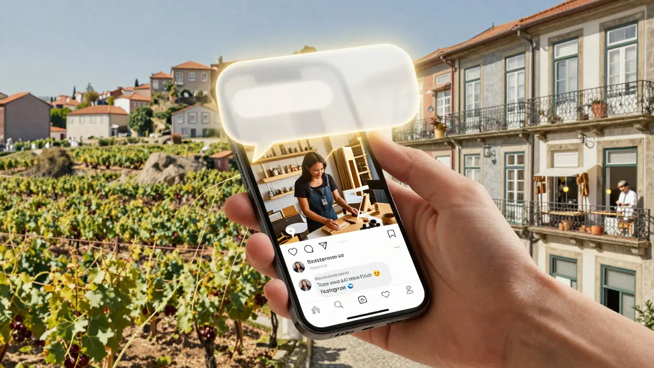Mão colocando uma bolha de chat luminosa em um smartphone com postagem de artesão, conectada a imagens de clientes felizes e paisagens portuguesas.