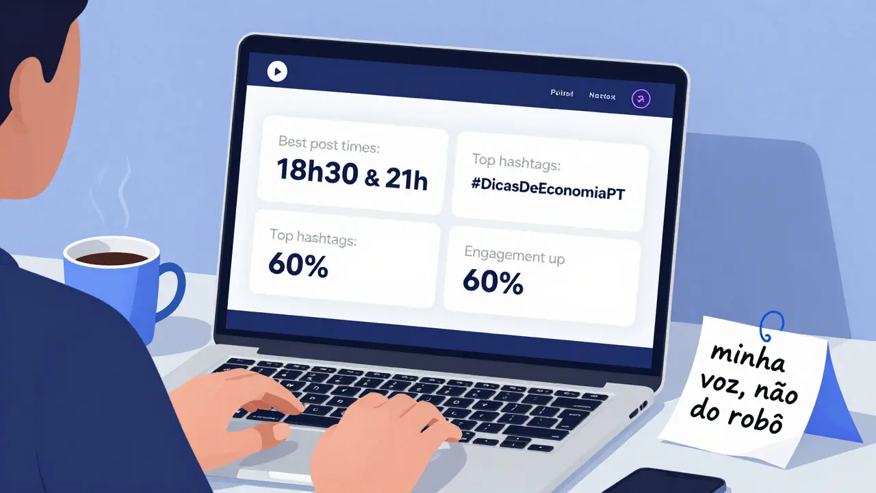 Painel digital com dados de engajamento do TikTok acima de criador português, café e anotações manuscritas ao lado.