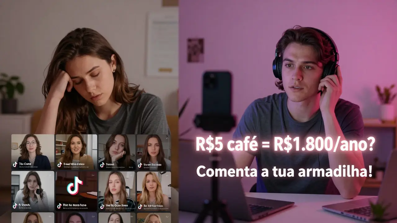 Tela dividida: criador cansado com vídeos antigos vs. criador confiante com roteiro viral gerado por ChatGPT.