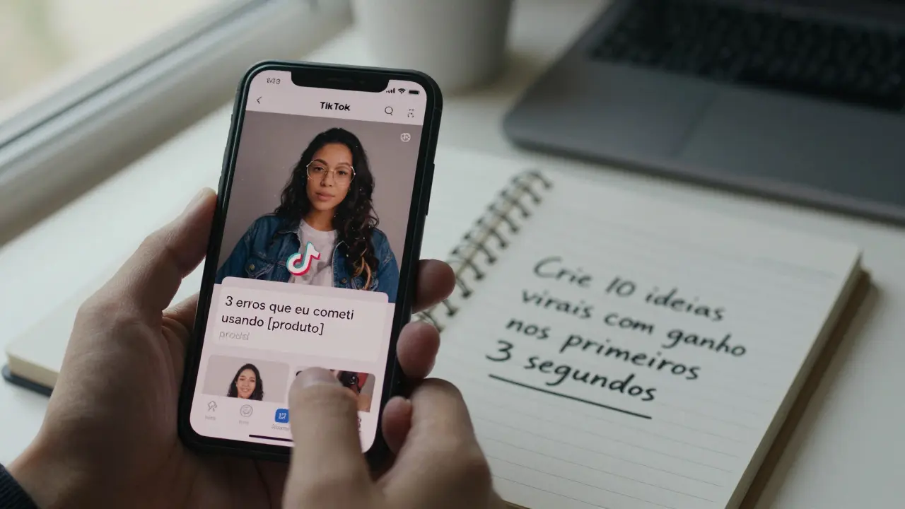 Telão de smartphone mostrando ideia de vídeo viral para TikTok, ao lado de um caderno com prompt de conteúdo.