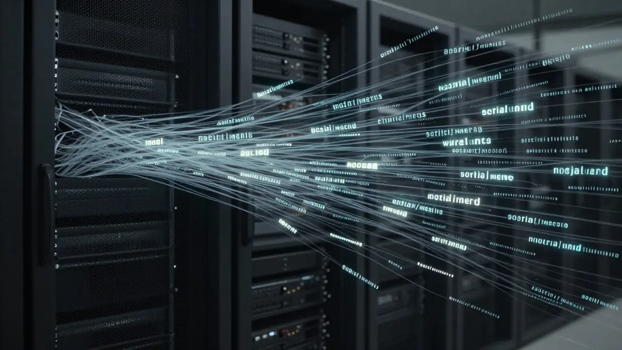 Voz invisível composta por texto fluindo por redes sociais, representando mensagens manipuladas por IA.