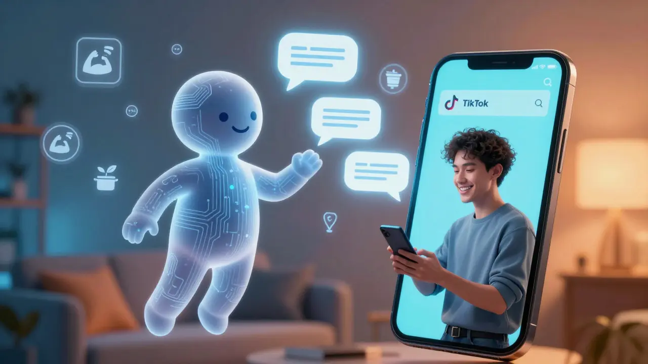 Avatar de IA flutuando ao lado de criador, respondendo a comentários e adaptando desafios em tempo real.
