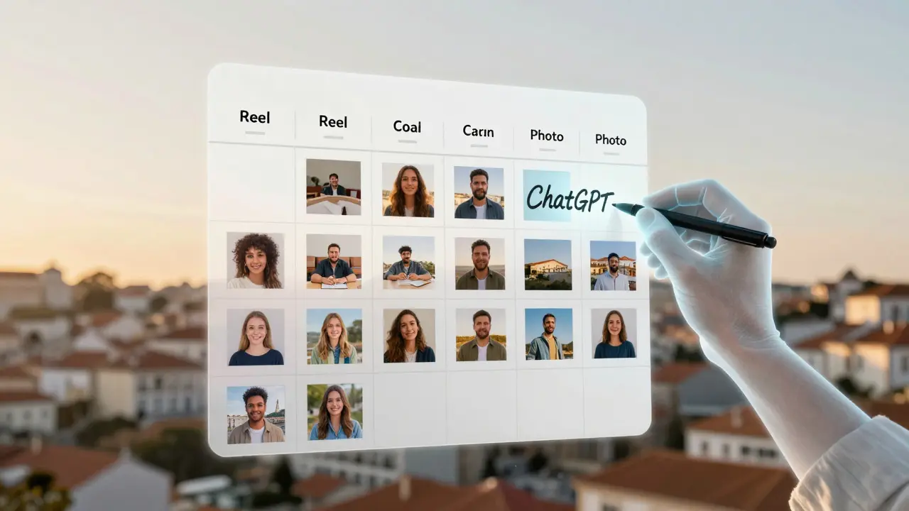 Calendário de conteúdo digital flutuante com IA guiando sugestões de posts para marca sustentável em Lisboa.