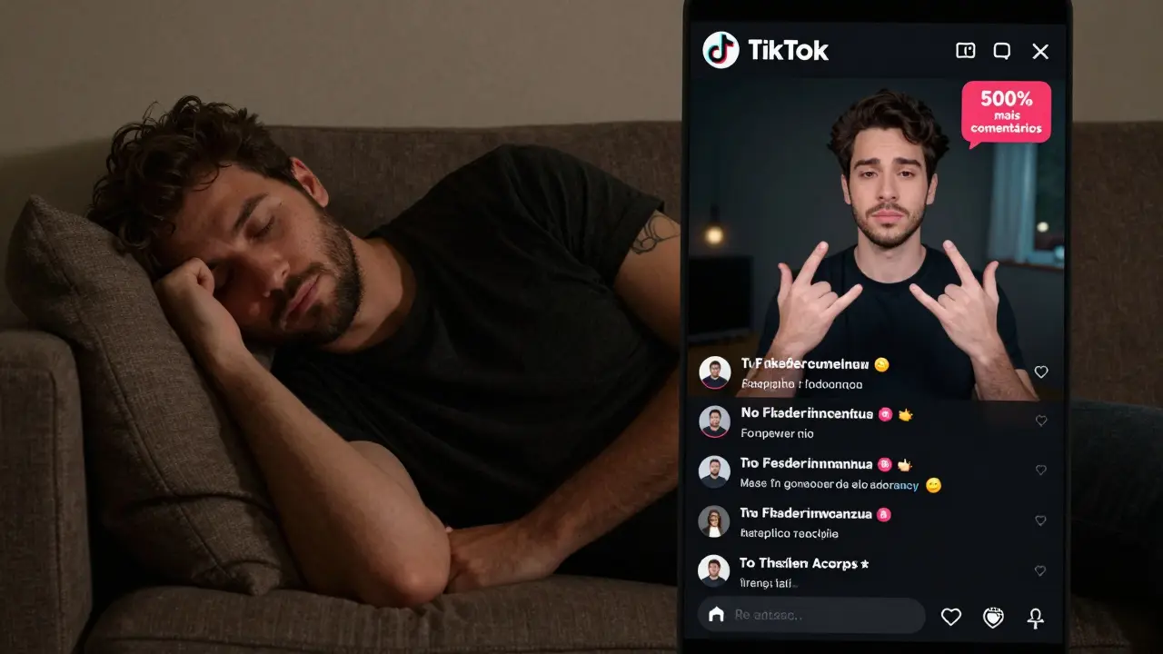 Canal TikTok rodando sozinho enquanto criador dorme, com respostas em português coloquial aparecendo na tela.