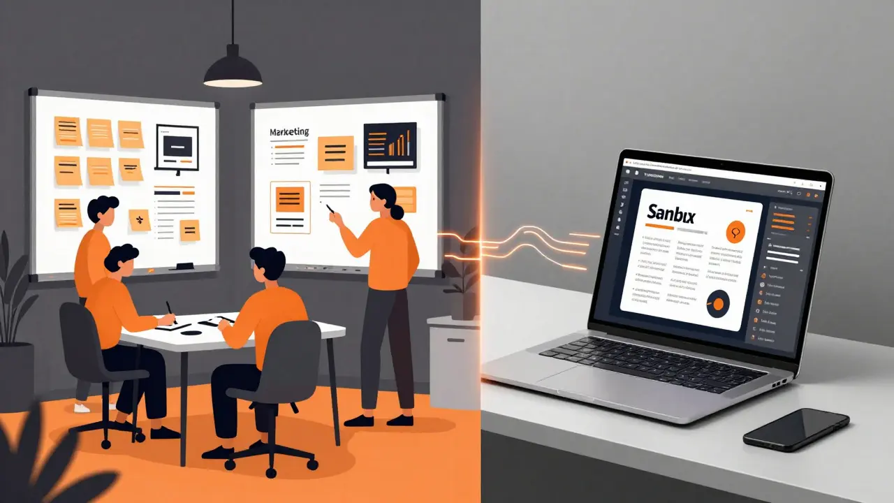 Comparação entre equipe tradicional de marketing e um único computador gerando 50 versões de post em segundos.