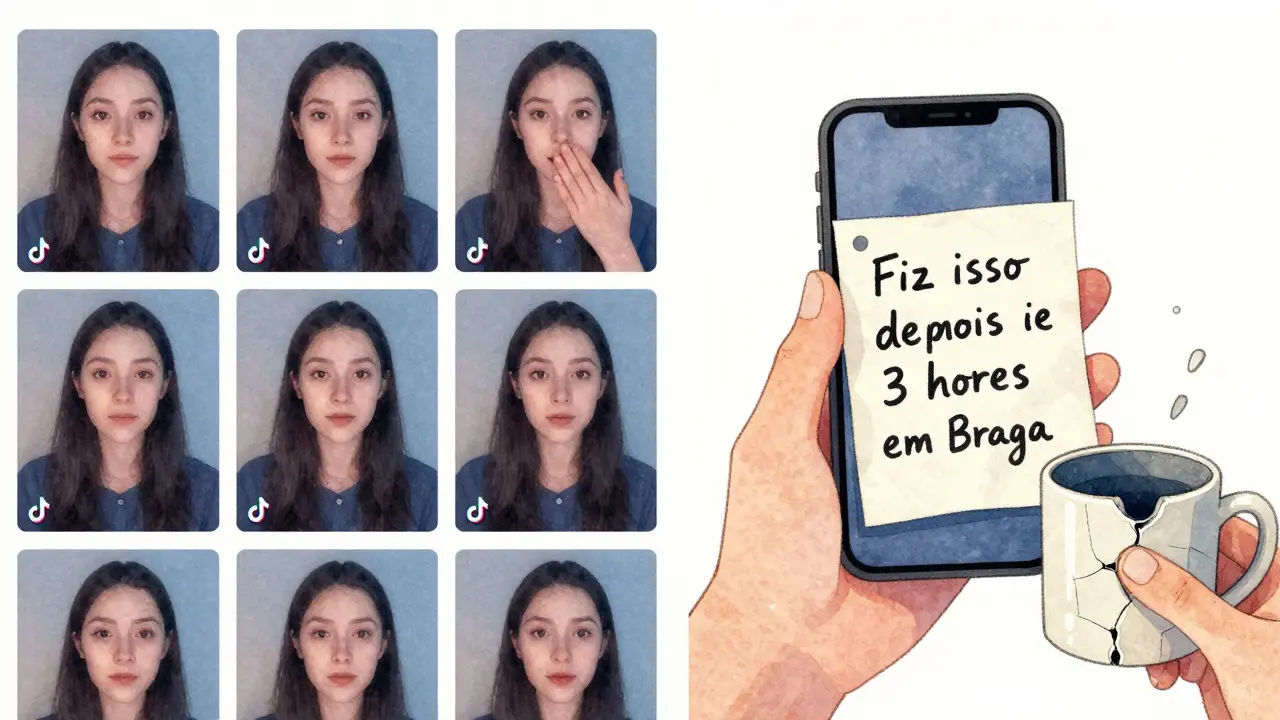 Feed de redes sociais dividido: vídeos uniformes de IA à esquerda, vídeo humano autêntico com anotação manuscrita à direita.