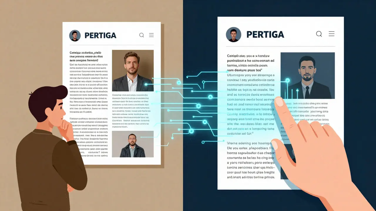 Ilustração dividida: cidadão hesitante à esquerda e análise de IA revelando padrões de manipulação à direita, em estilo de graphic novel.