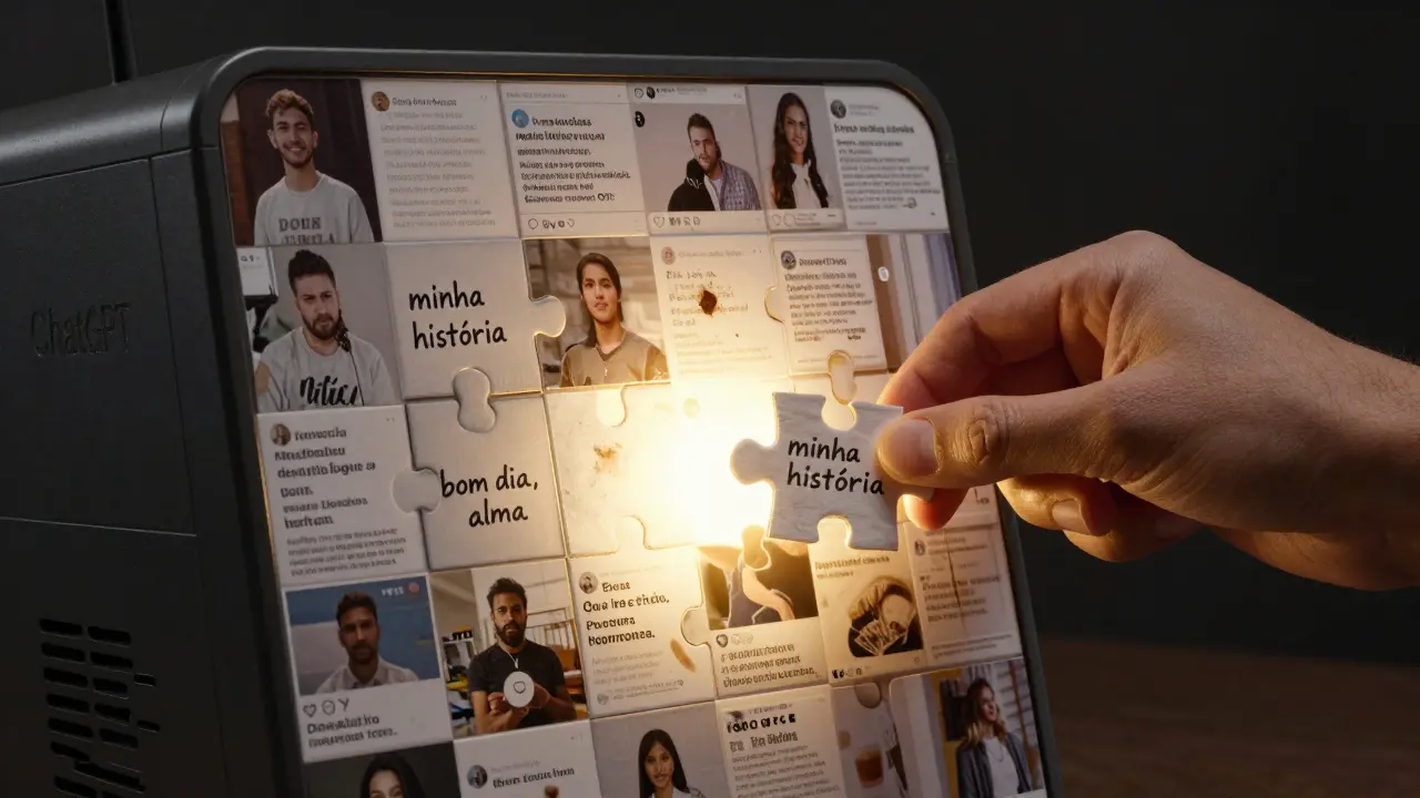 Mão humana coloca peça de história em máquina de IA, formando mosaico de conteúdos perfeitos e autênticos.