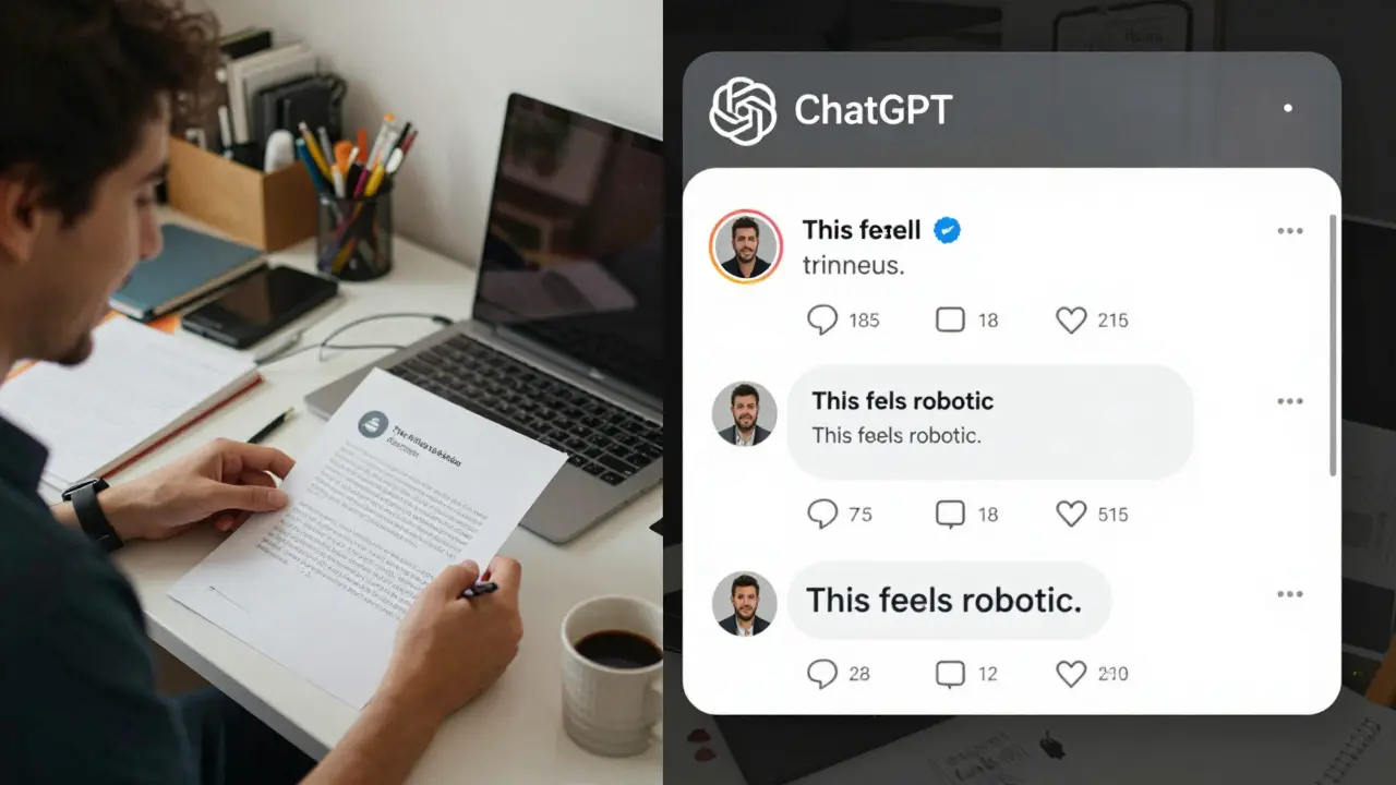 Mesa de café em Lisboa com um tweet gerado por IA sendo revisado, enquanto comentários online mostram dúvidas sobre autenticidade.