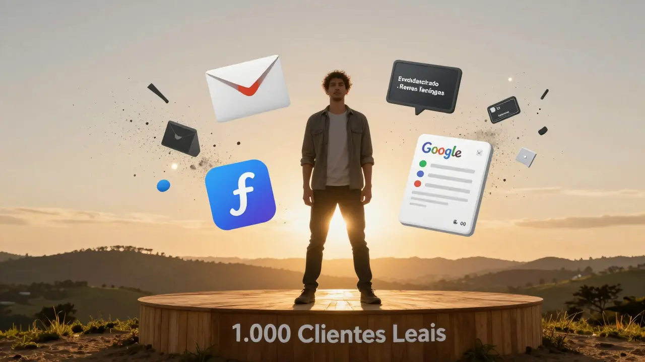 Pessoa em pé sobre palco de clientes leais, enquanto ruído digital desmorona ao fundo, sob luz dourada.