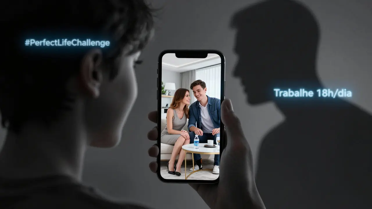 Pessoa olhando para o celular que reflete uma vida perfeita, enquanto uma sombra de IA sussurra tendências tóxicas.