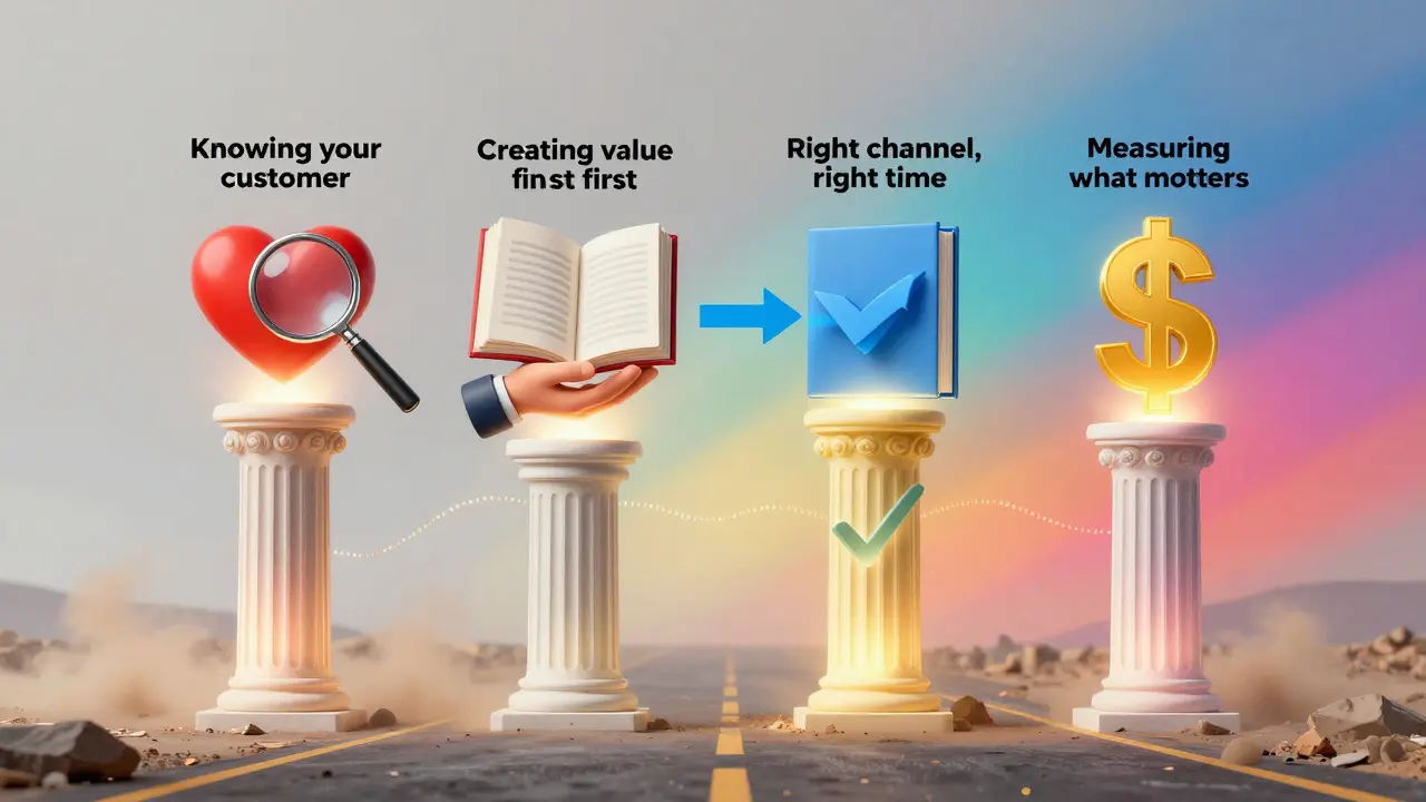 Quatro pilares luminosos representam estratégias essenciais de marketing online com fundo em transformação.