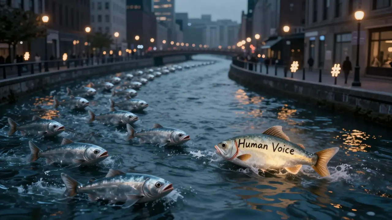 Rios de tweets no Twitter como peixes idênticos, exceto um único peixe desenhado à mão, representando voz humana autêntica.