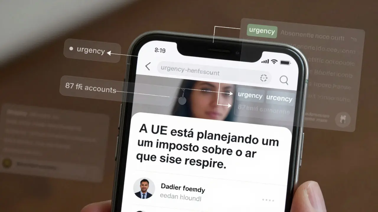 Tela de smartphone mostrando post suspeito com camadas de análise da IA destacando gatilhos emocionais e estruturas repetidas em postagens falsas.