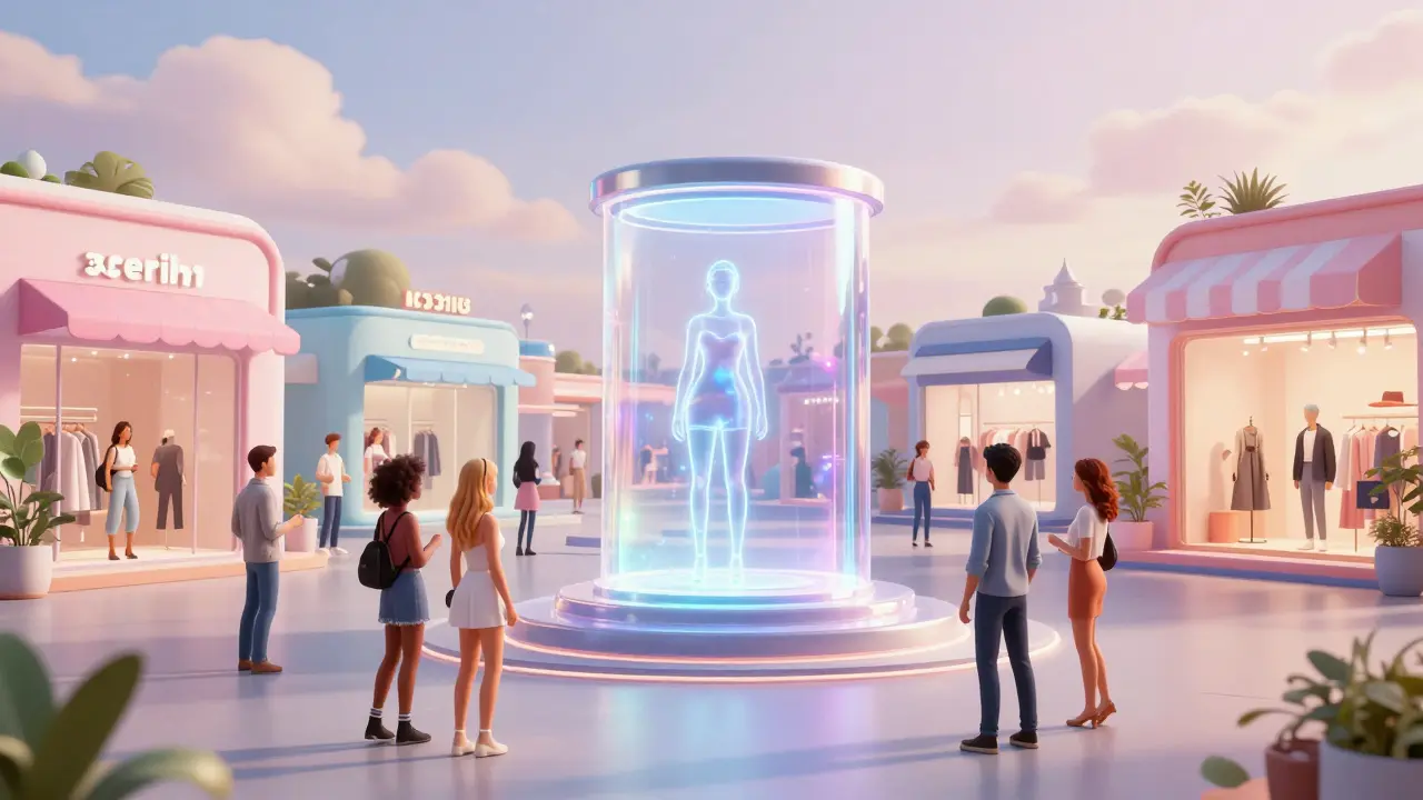 Avatares interagindo com uma loja de roupas digitais em um ambiente de metaverso.