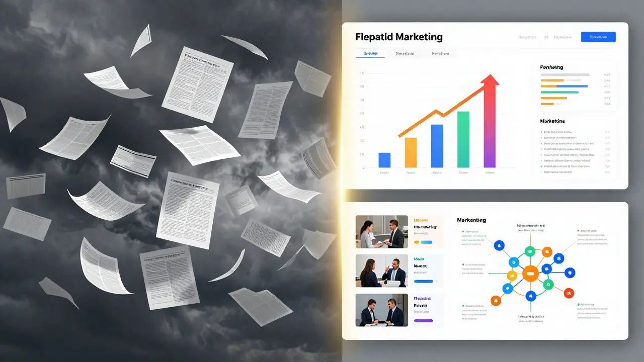 Comparação visual entre dados brutos desorganizados e uma estratégia de marketing polida.