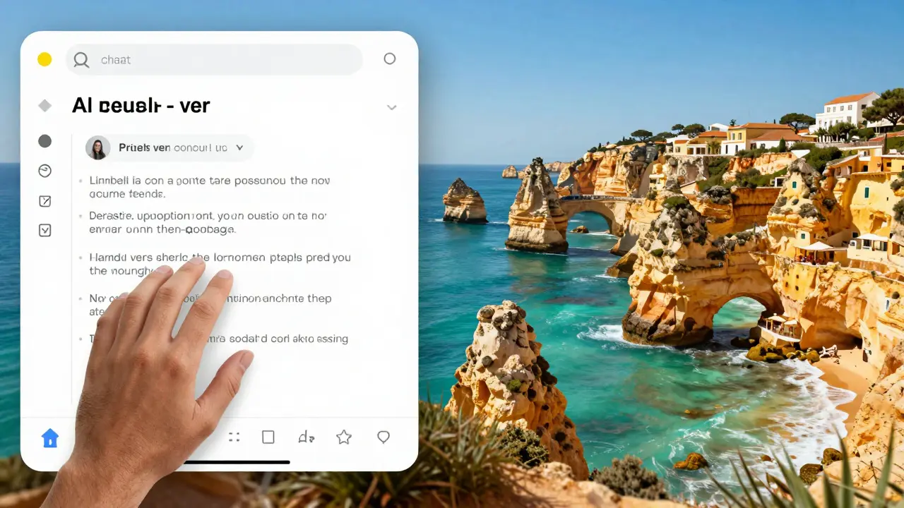 Composição dividida mostrando a digitação de um prompt de IA e o resultado em imagens de viagem de Portugal.