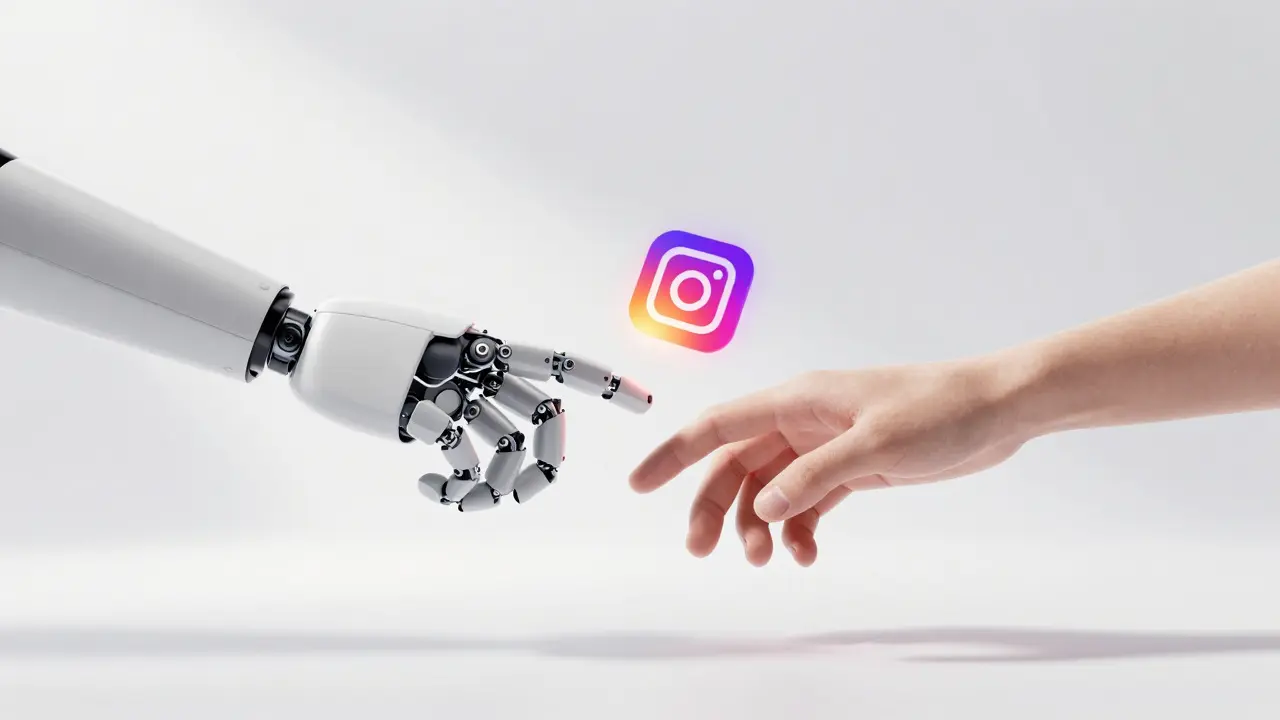 Ilustração 3D de mãos humana e robótica colaborando na criação de um post para Instagram.