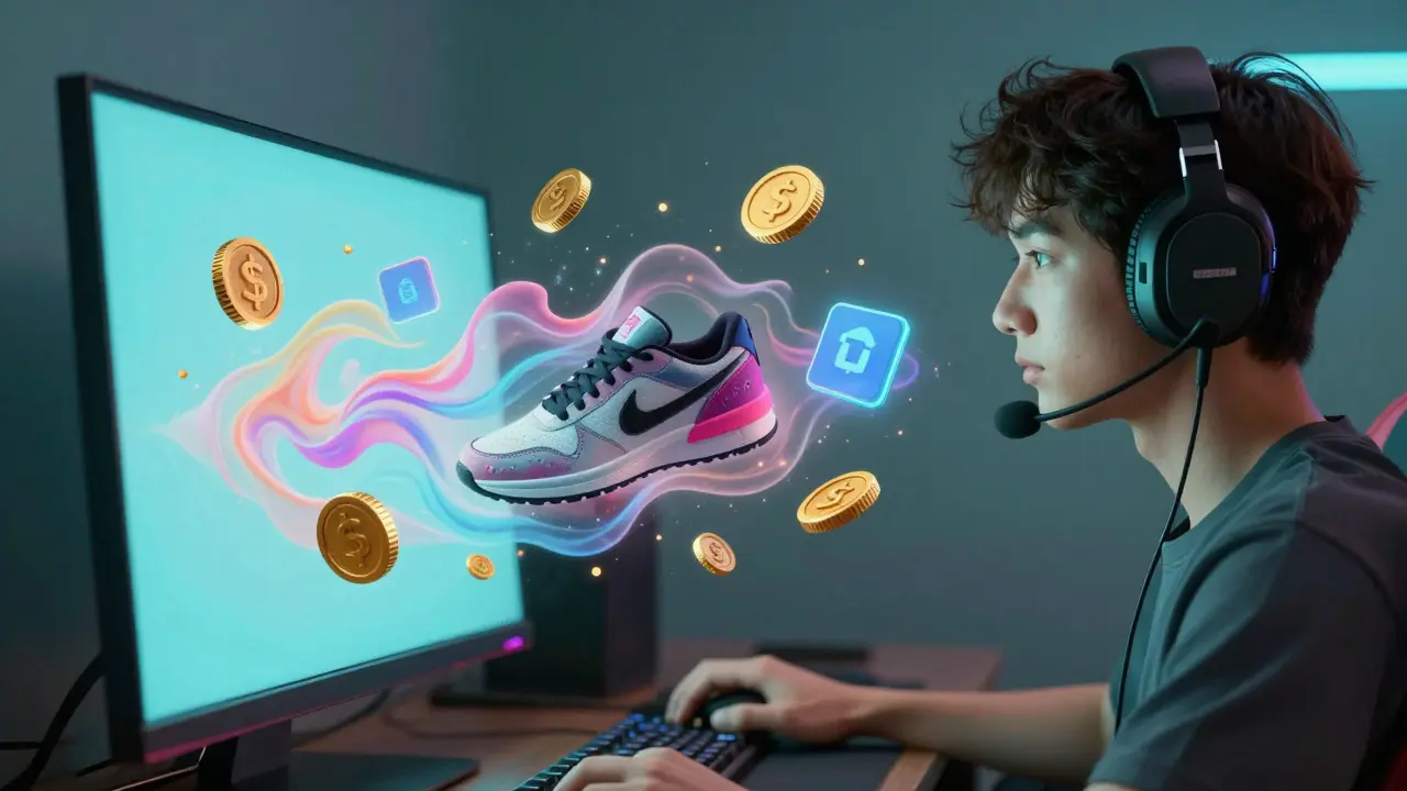 Jogador imerso em estado de fluxo com ícones de recompensas e produtos virtuais flutuando.
