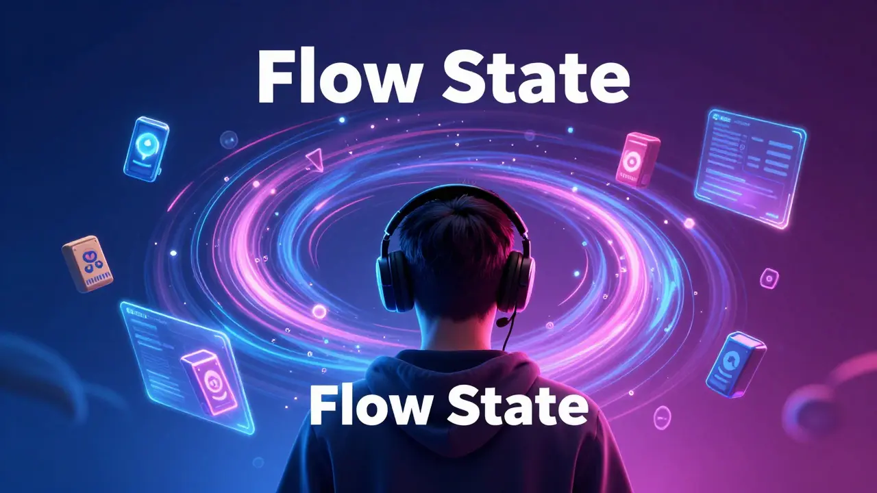 Jogador imerso em um fluxo de elementos holográficos e itens de marca em um jogo.