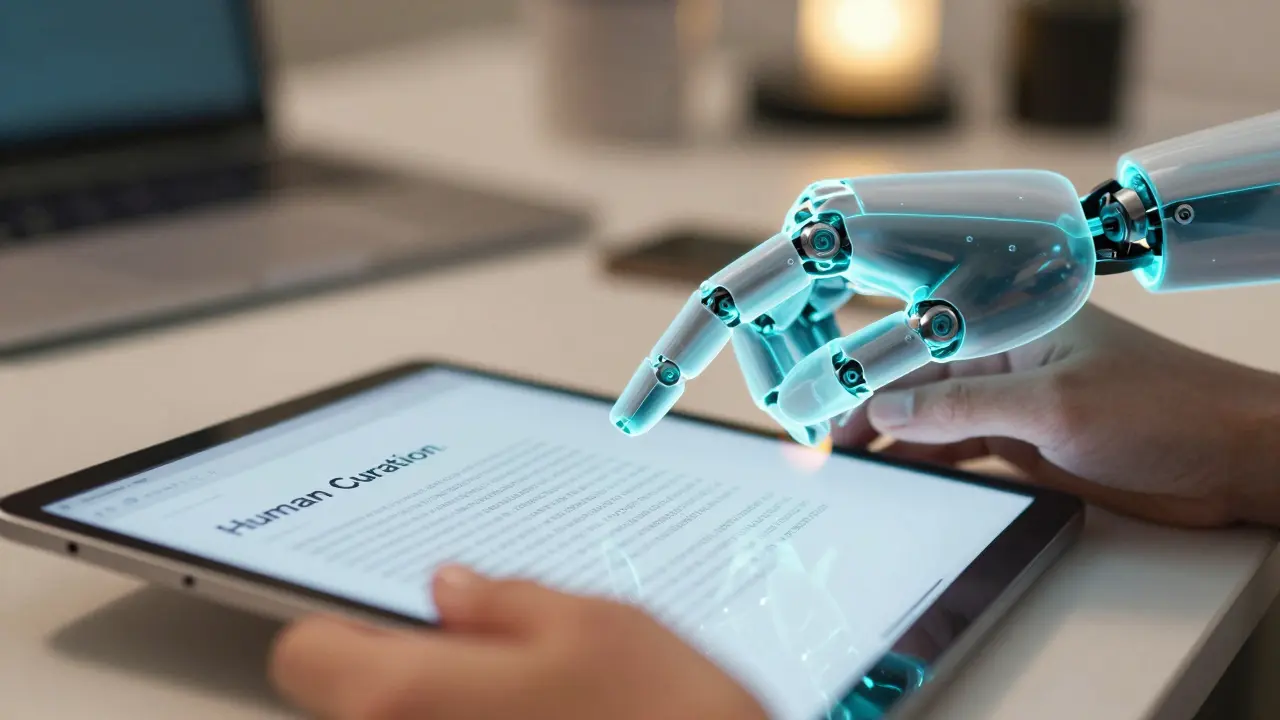 Mão humana e robótica colaborando na edição de conteúdo digital em um tablet.