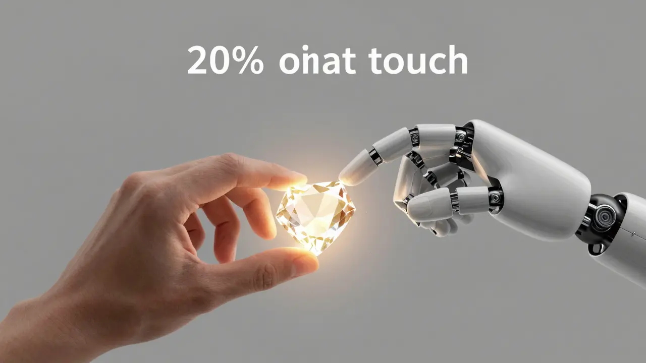 Mão humana e robótica polindo juntas uma pedra preciosa brilhante.