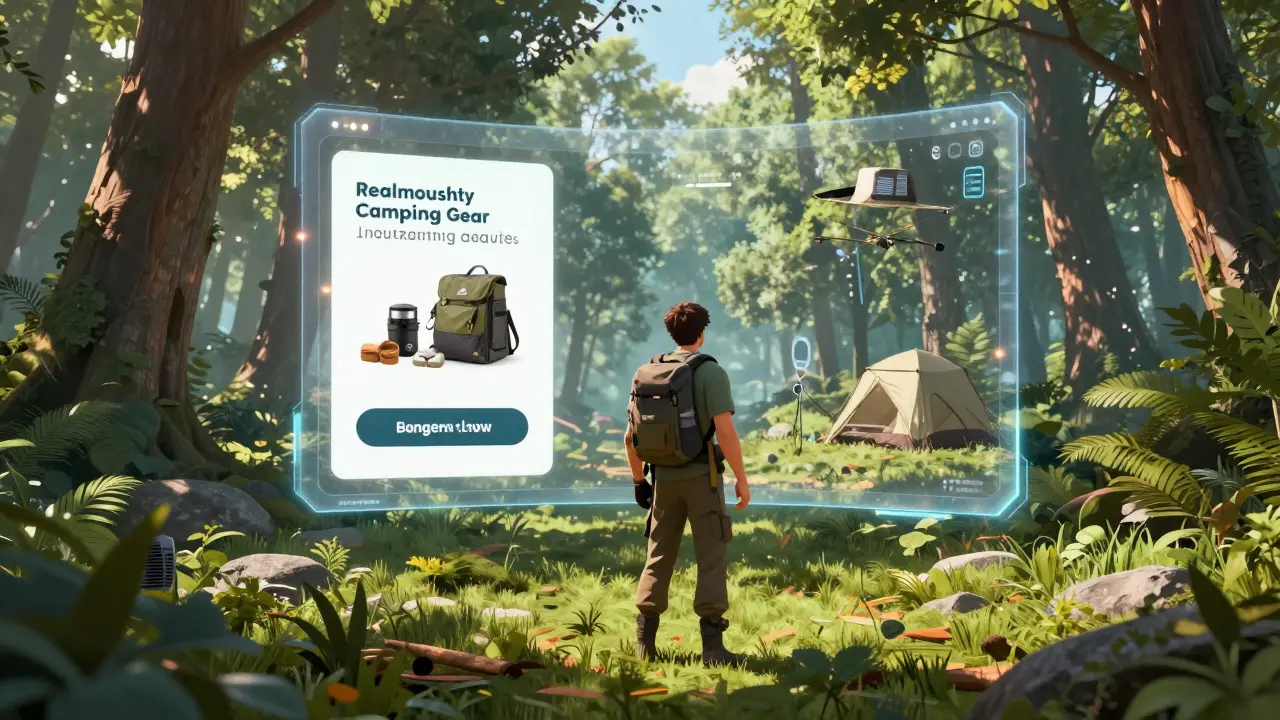 Personagem de jogo em floresta com interface holográfica de anúncio de camping personalizado por IA.
