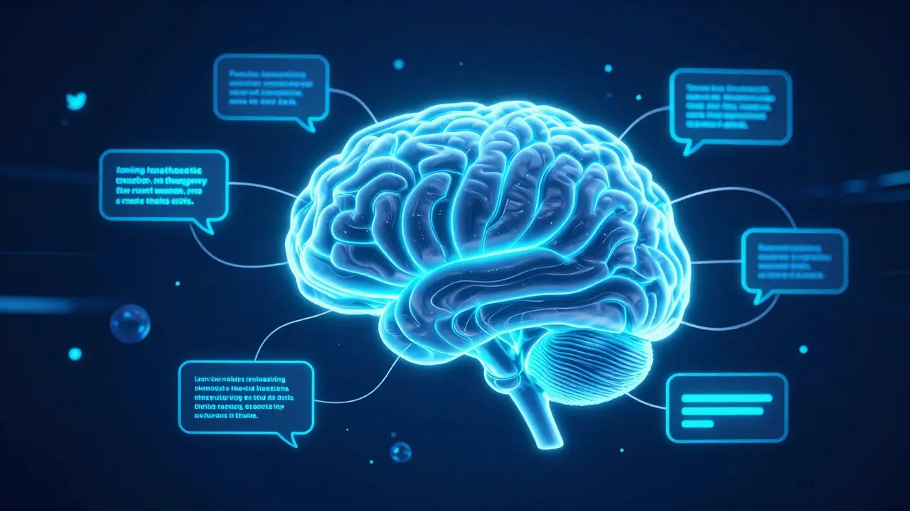 Representação digital de ideias se transformando em fios de conversa em azul neon.