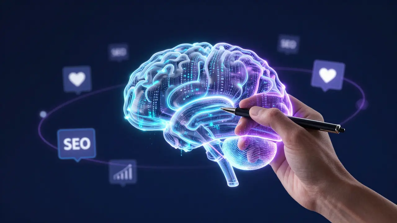 Representação digital de um cérebro de IA fundindo-se com a criatividade humana.