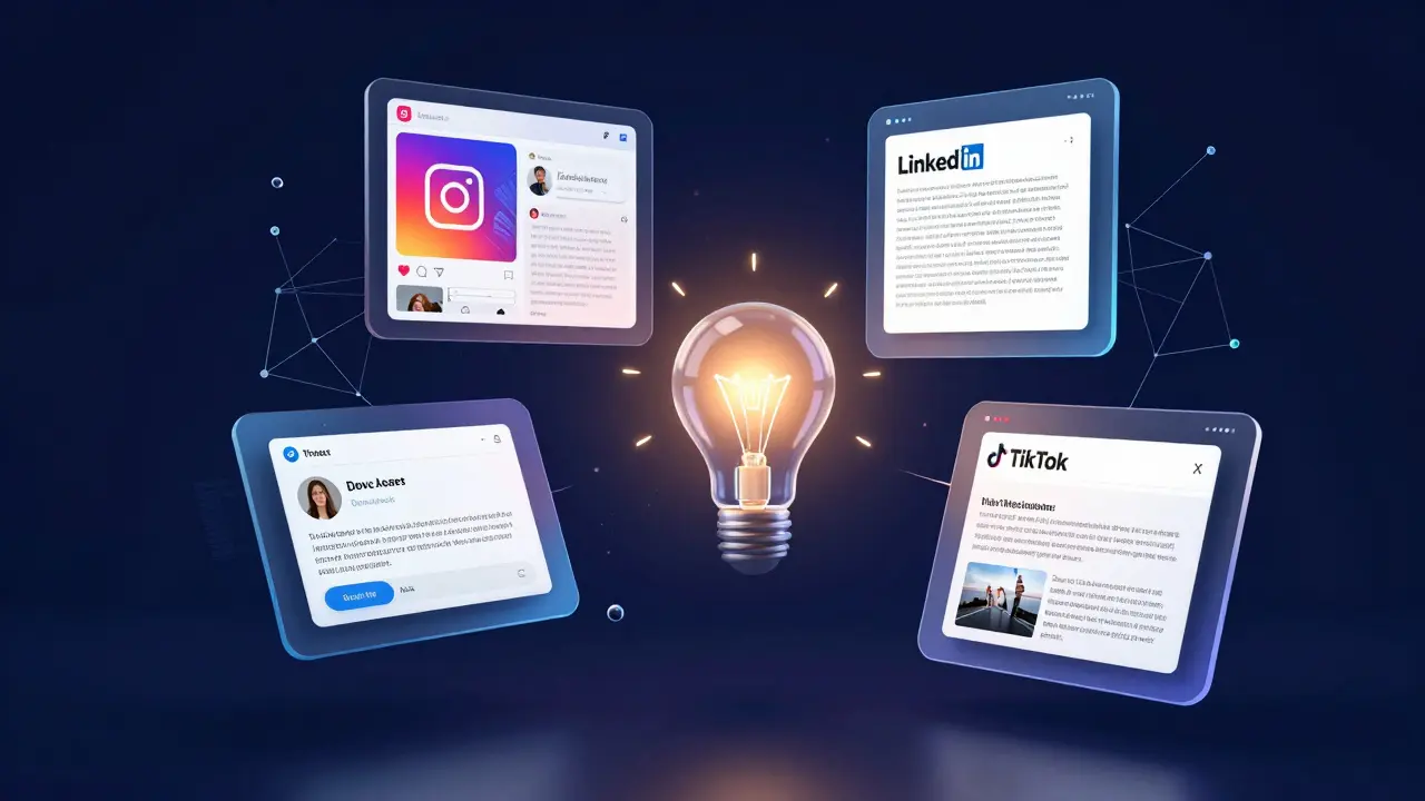 Representação visual de IA adaptando uma ideia para diferentes redes sociais.