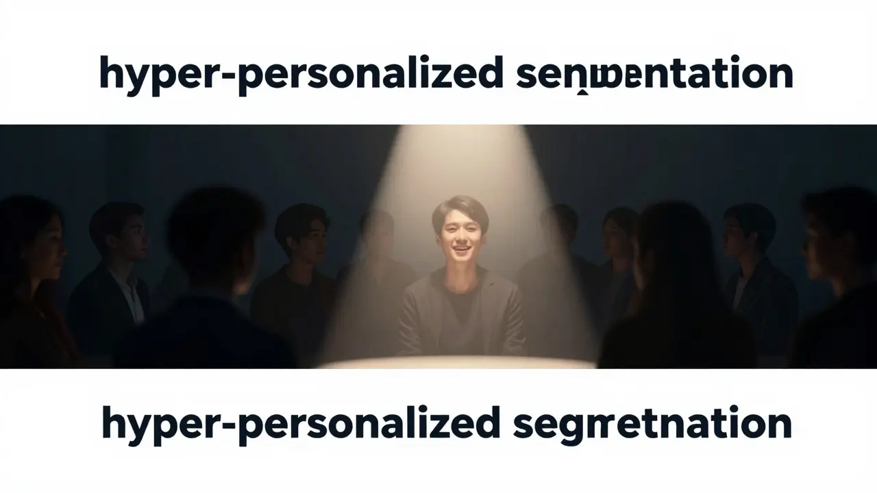 A conceptual image where a spotlight highlights one individual in a crowd, representing hyper-personalized audience segmentation in advertising.