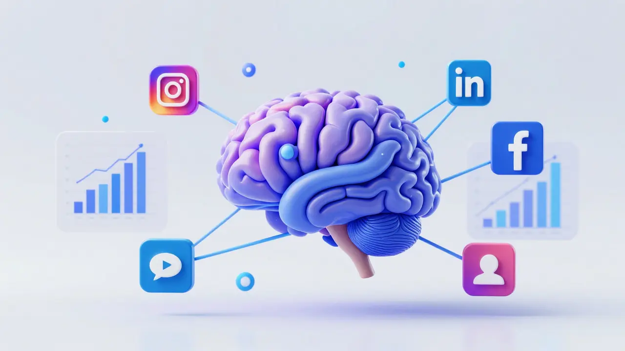A futuristic 3D illustration of a digital neural network connecting to social media icons and data analytics charts, symbolizing AI-driven marketing automation.