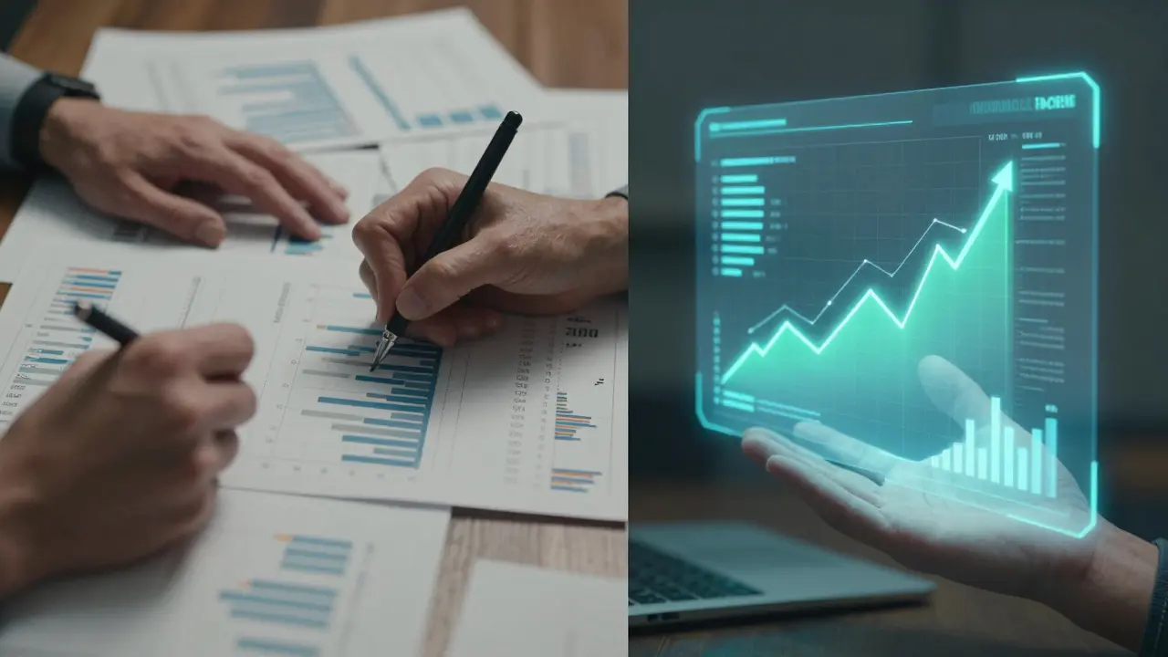 Comparação visual entre análise de dados manual e assistida por IA