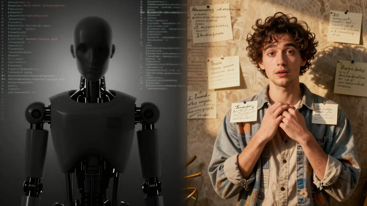 Comparação visual entre conteúdo robótico da IA e versão humanizada e autêntica