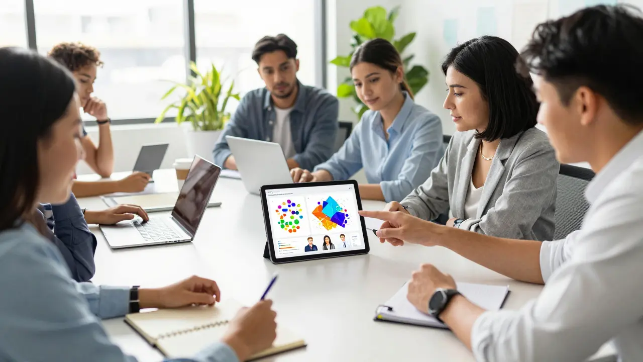 Equipe de marketing colaborando com visualizações de dados no tablet