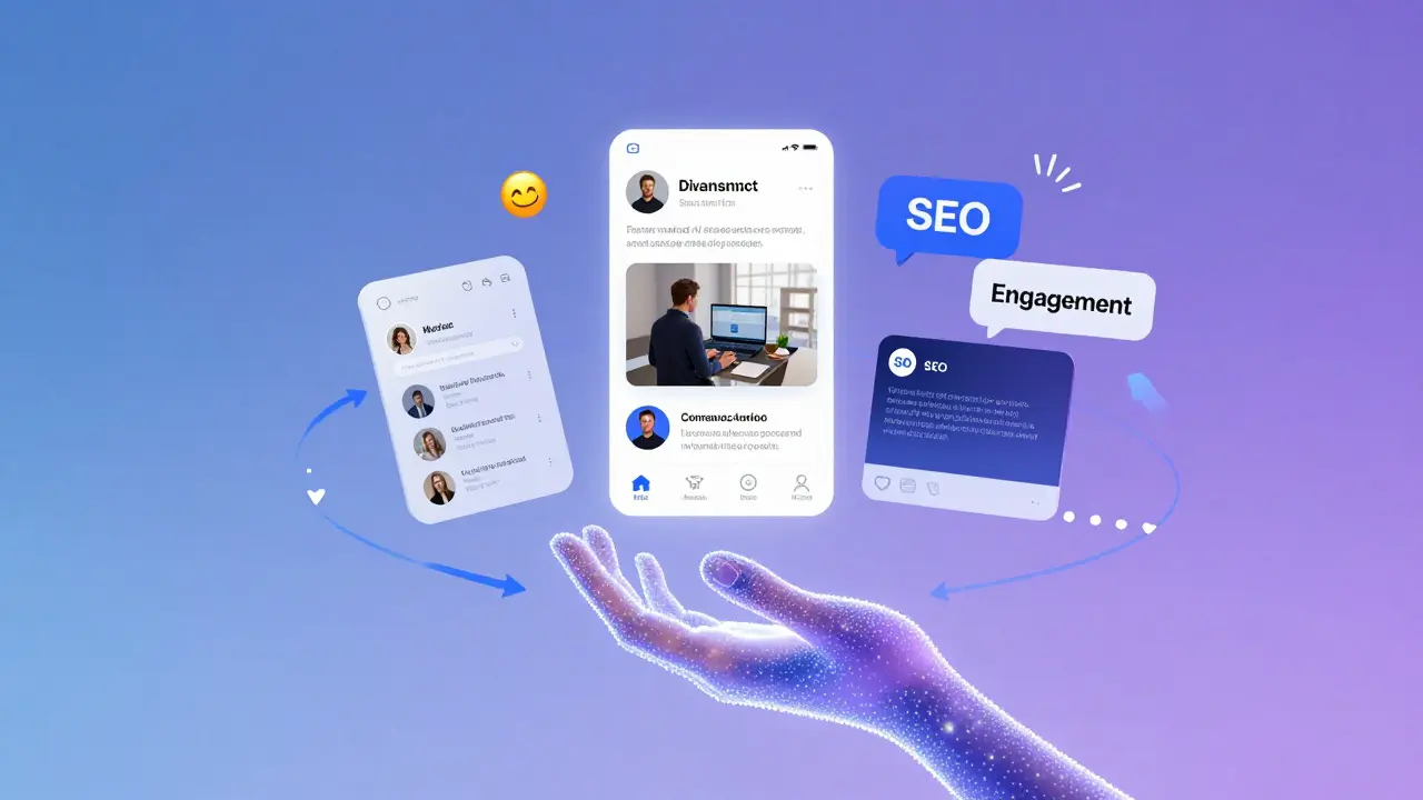 Ilustração 3D de formatos de posts sendo organizados por inteligência artificial