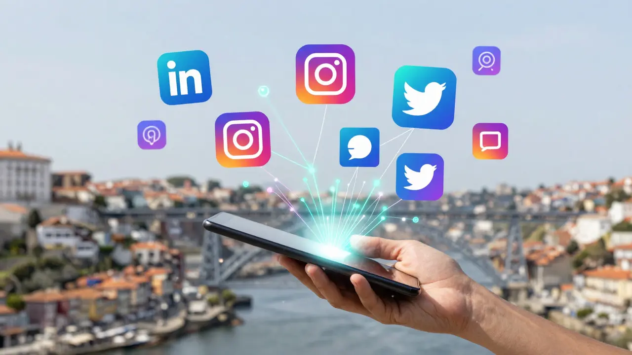 Ilustração conceitual de dados conectando redes sociais sobre paisagem urbana do Porto.