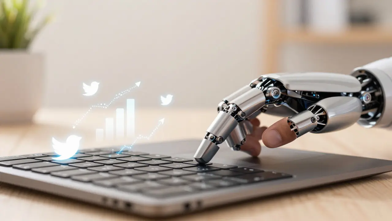 Mão humana guiando mão robótica sobre teclado, simbolizando controle de IA