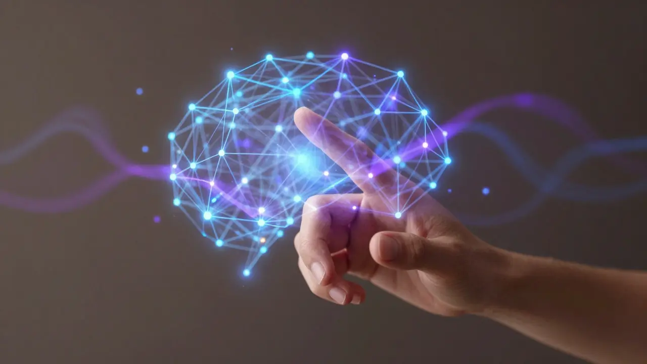 Mão humana interagindo com rede neural digital brilhante e abstrata