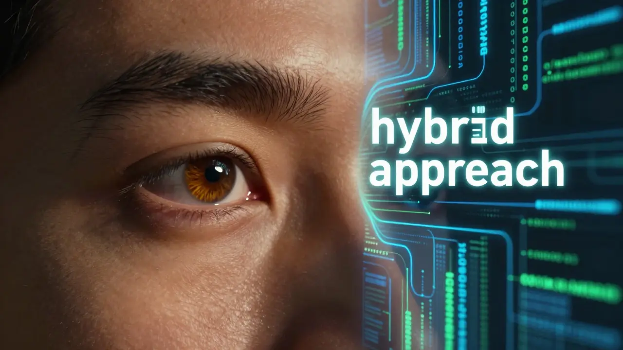 Olho humano e código digital fundidos, representando colaboração entre IA e criatividade humana.