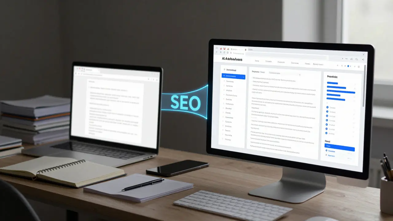 Comparação visual entre fluxo de trabalho SEO tradicional e moderno