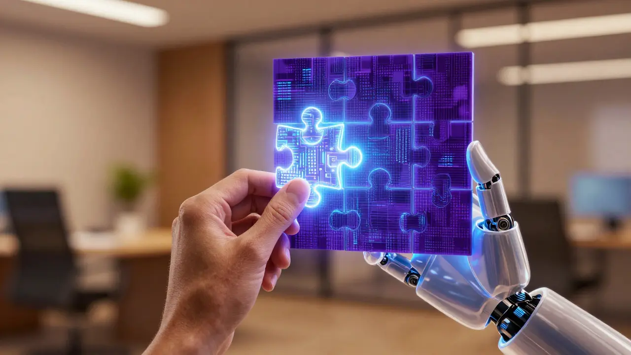 Ilustração conceitual da colaboração entre criatividade humana e inteligência artificial