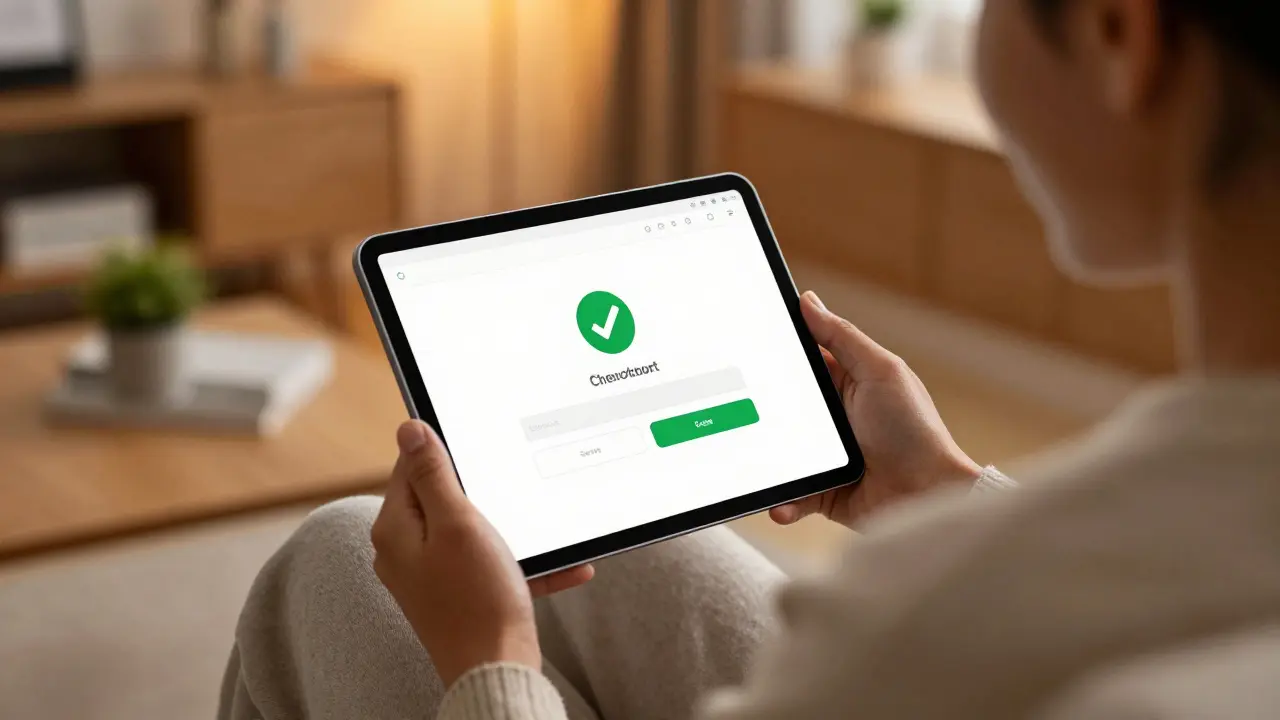 Pessoa satisfeita confirmando compra no tablet em casa