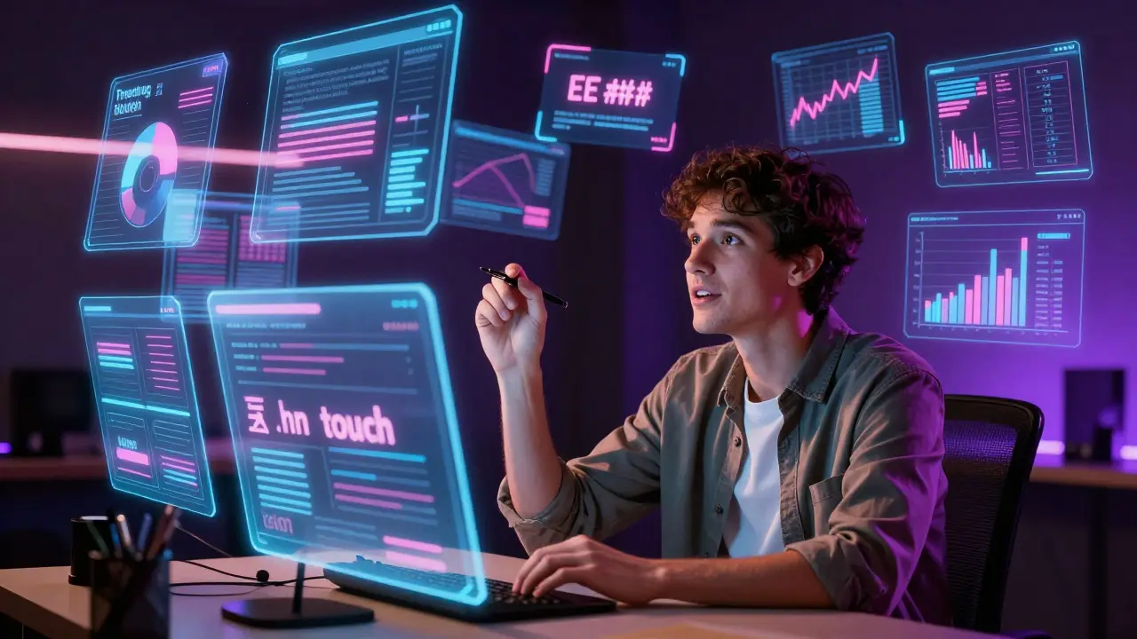 Criador de conteúdo analisando dados flutuantes e roteiros em ambiente moderno