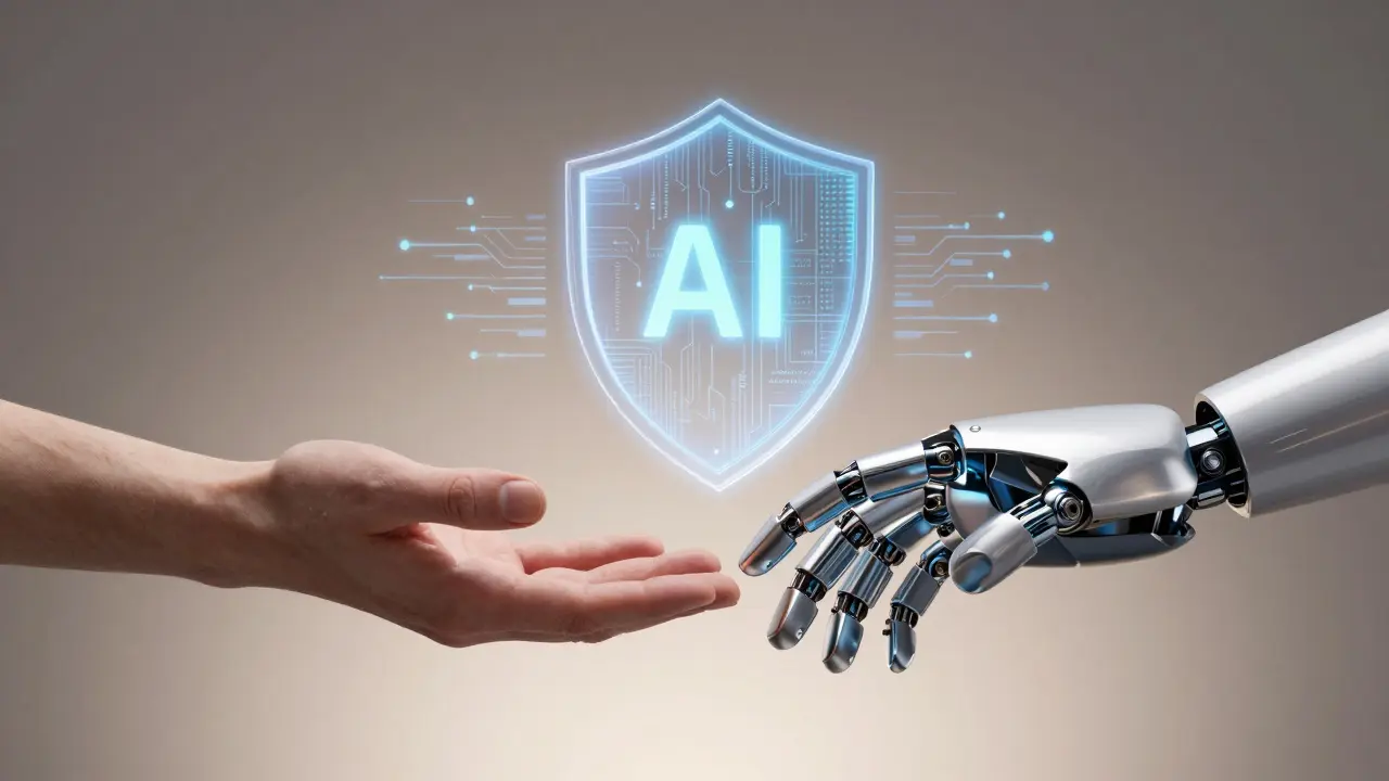 Mão humana e robótica se encontrando simbolizando atendimento híbrido